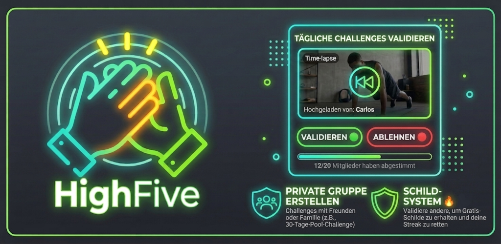 Screenshot der High-Five-App: Validierung einer täglichen Challenge mit Videobeleg, Gruppenabstimmung, private Gruppen und Schild-System