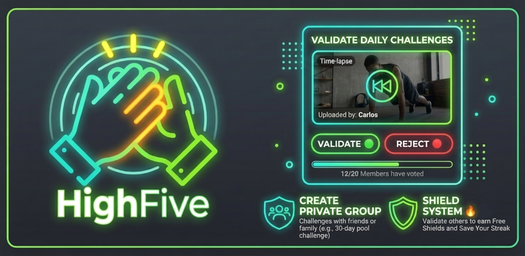 High Five app screenshot: validating a daily challenge with a video proof, group voting, private groups and the shield system