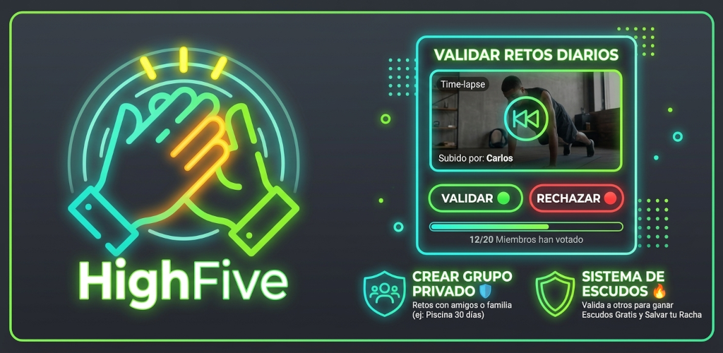 Captura de la app High Five: validando un reto diario con una prueba en vídeo, votación del grupo, grupos privados y sistema de escudos